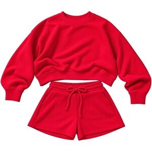 Zenana Ruby Red Ribbed 2 Piece Set Sweatshirt and Shorts Medium HRT-2690